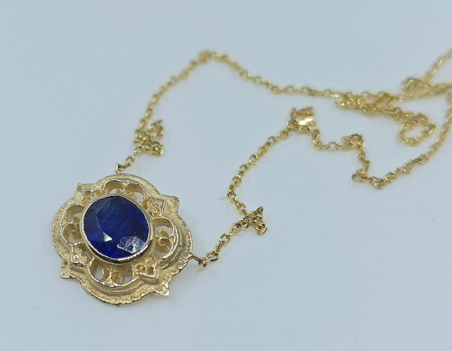 Blue Sapphire Pendant 14k Gold Gemstone Necklace Split Chain #632