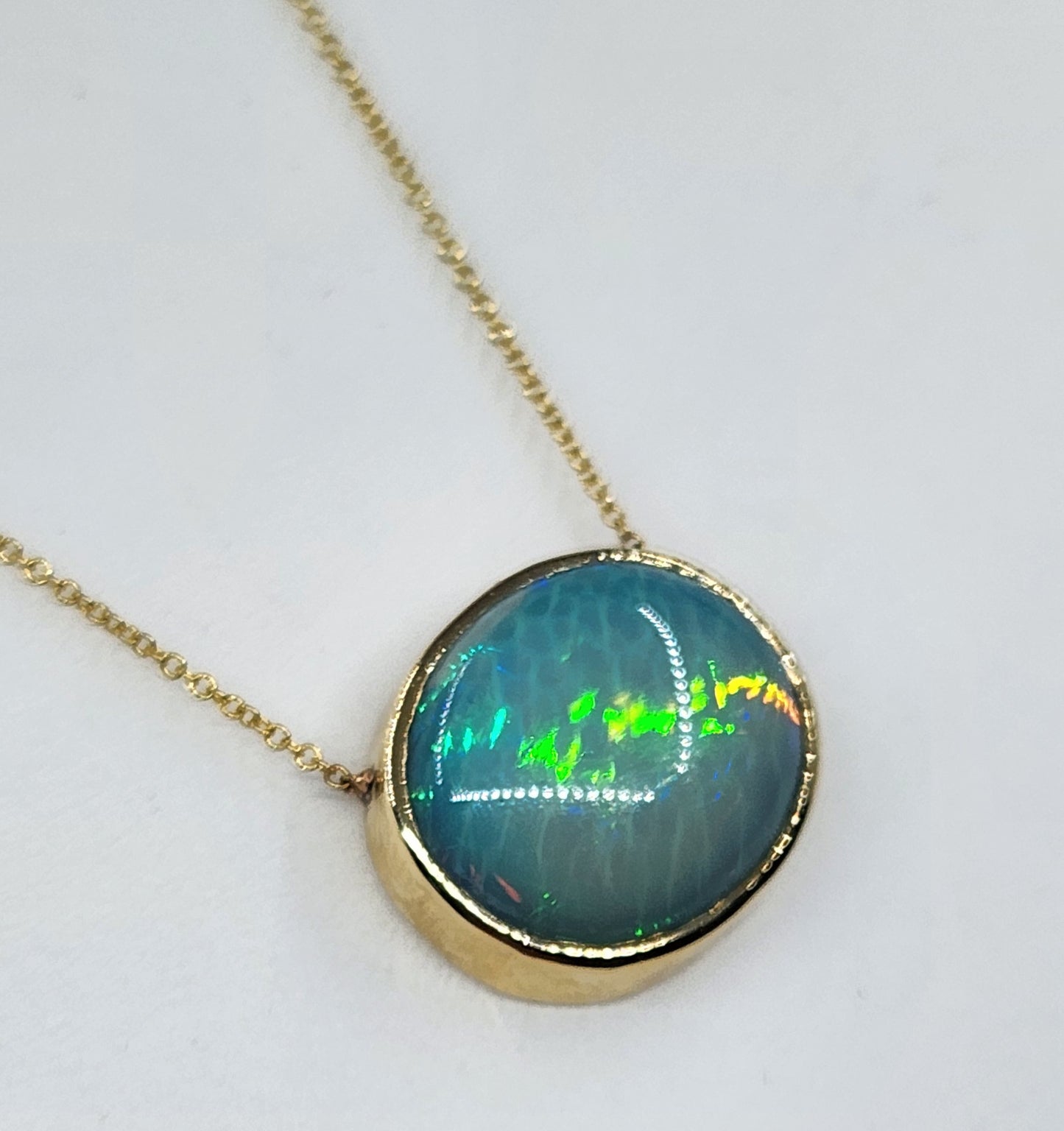Blue Opal Pendant 14k Yellow Gold Split Chain Necklace #470