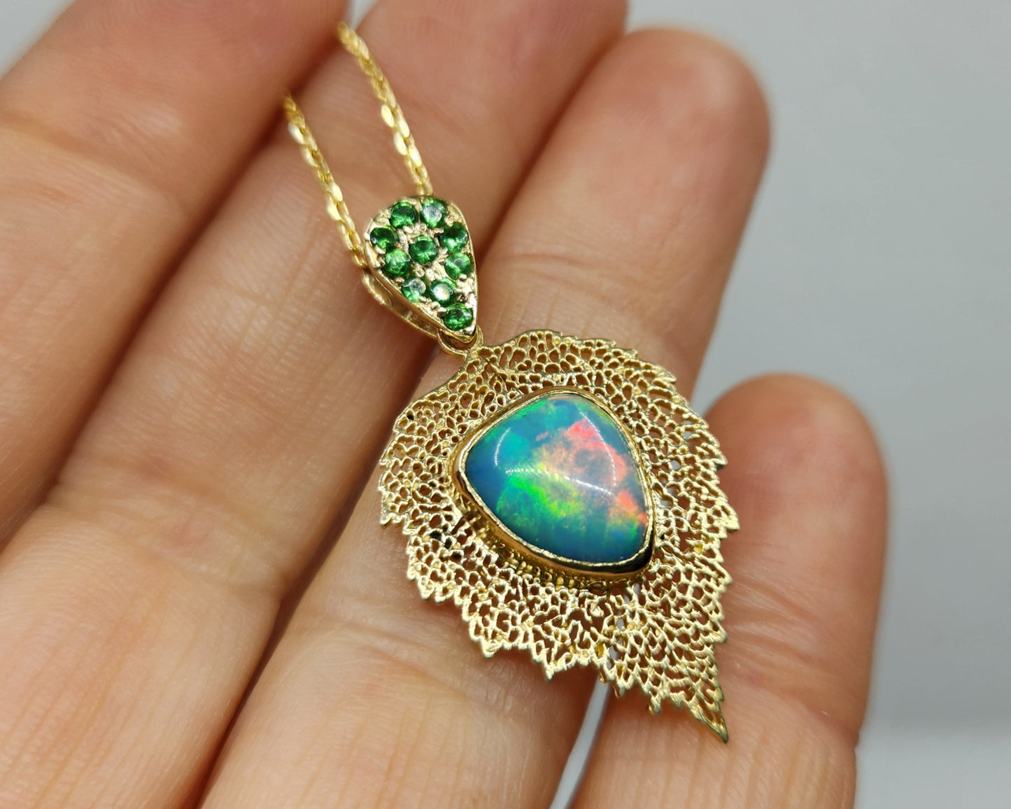 Opal Leaf Pendant 14k Gold Necklace #465