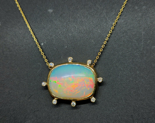 Opal & Diamond Pendant 14k Yellow Gold Split Chain Necklace #438