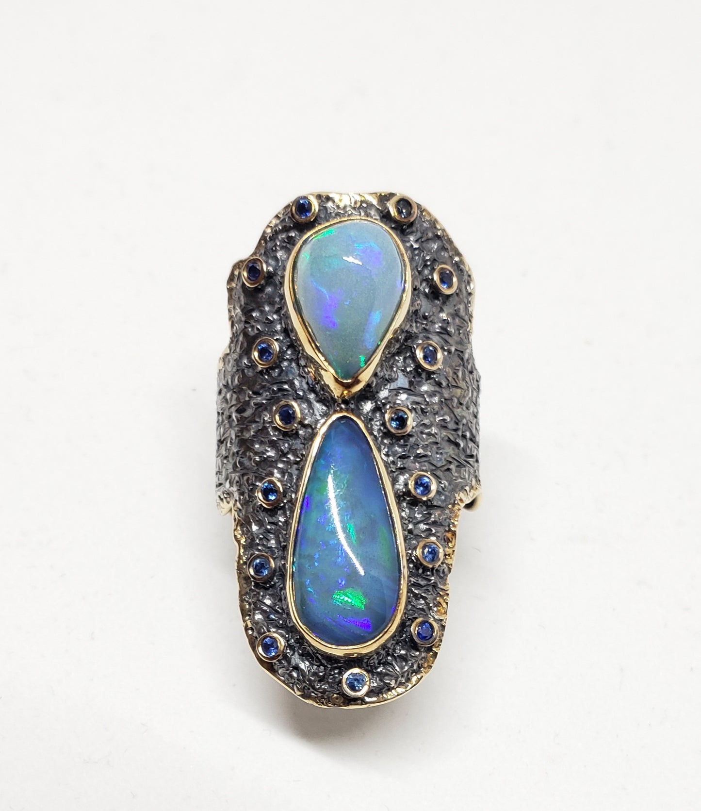 Opals & Sapphire Ring Sterling Silver & Gold