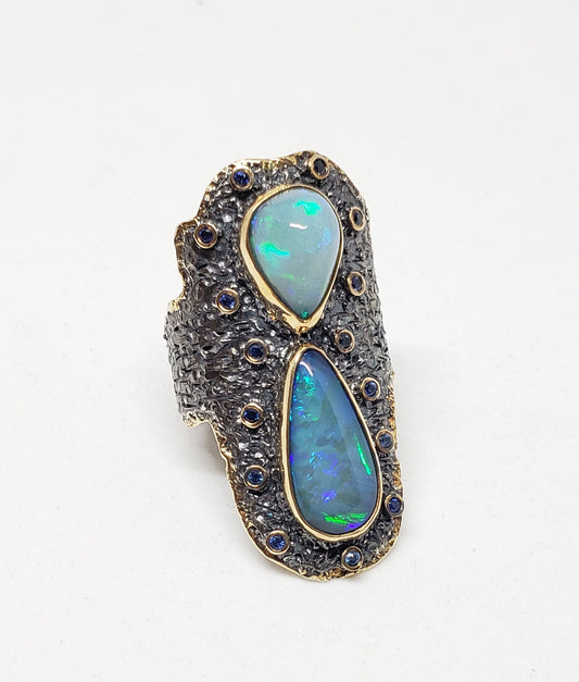 Opals & Sapphire Ring Sterling Silver & Gold
