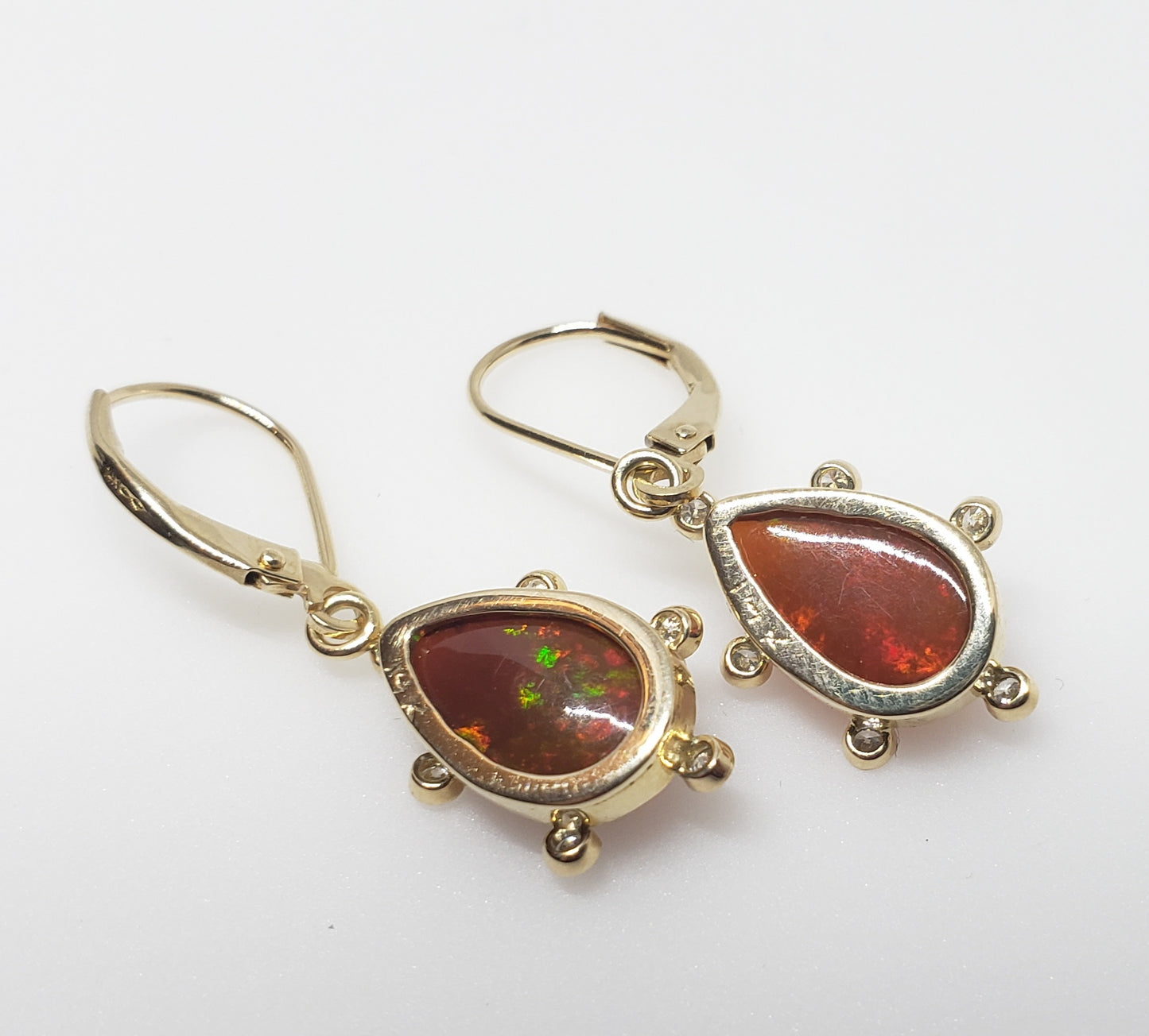 Fire Opal & Diamond Earrings 14k Gold