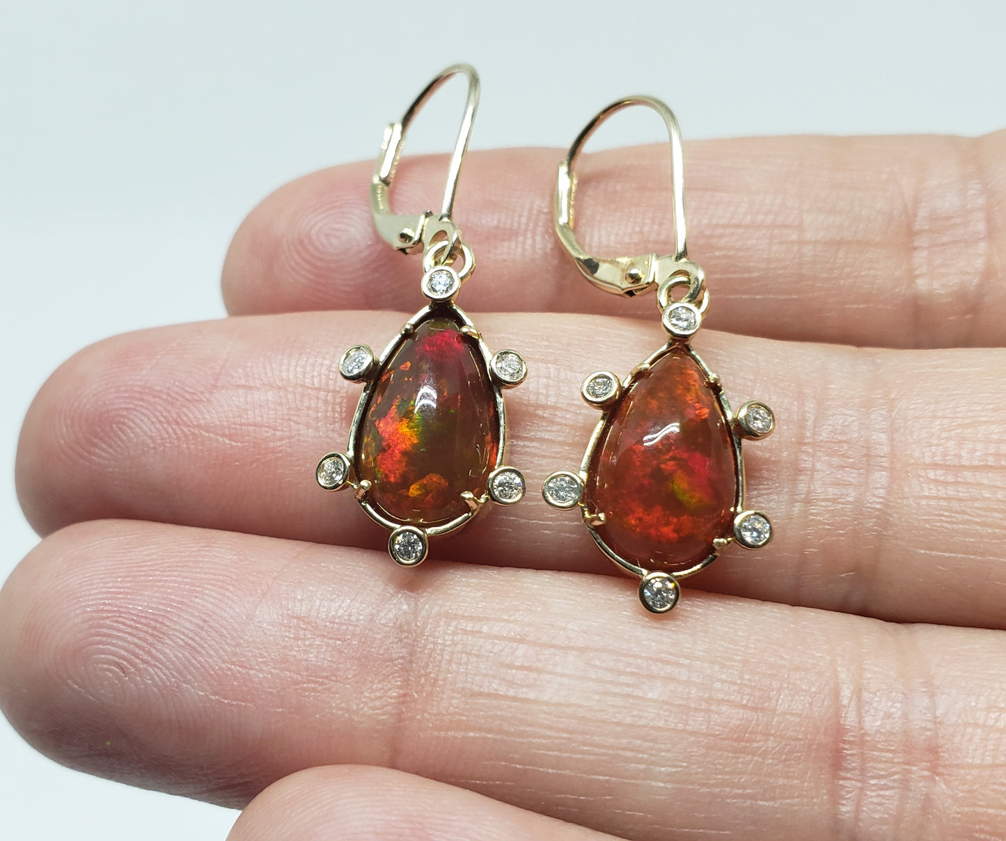 Fire Opal & Diamond Earrings 14k Gold