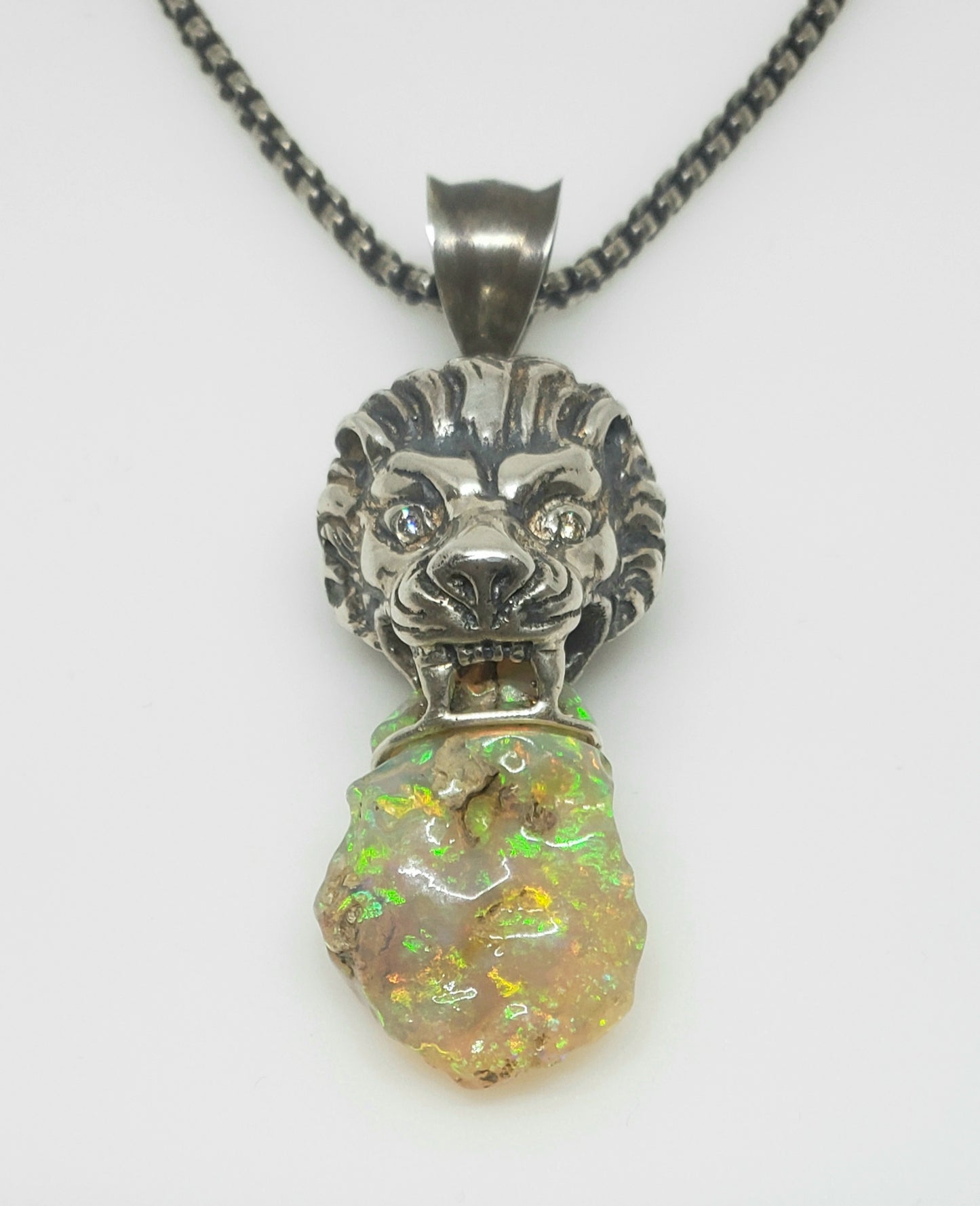 Lion Pendant Carved Opal Sterling Silver Necklace