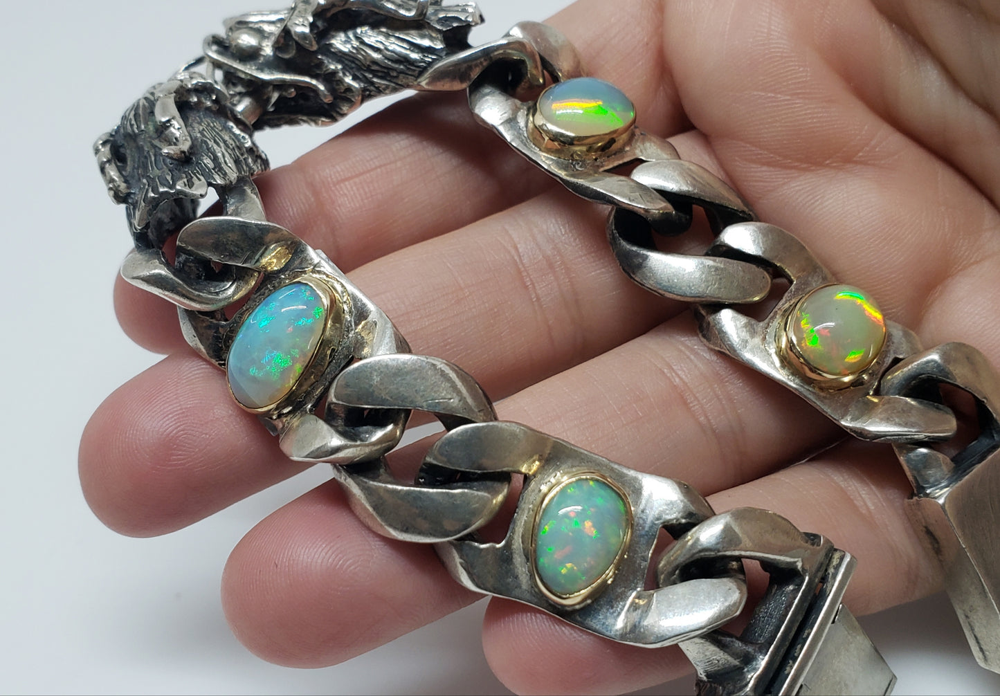 Dragon Bracelet Opals & Ruby Gemstones Silver & Gold