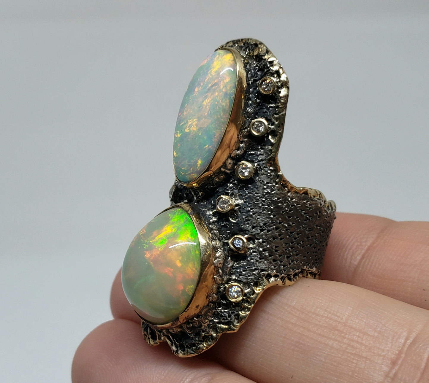 Opal & Diamond Ring Silver & 14k Gold