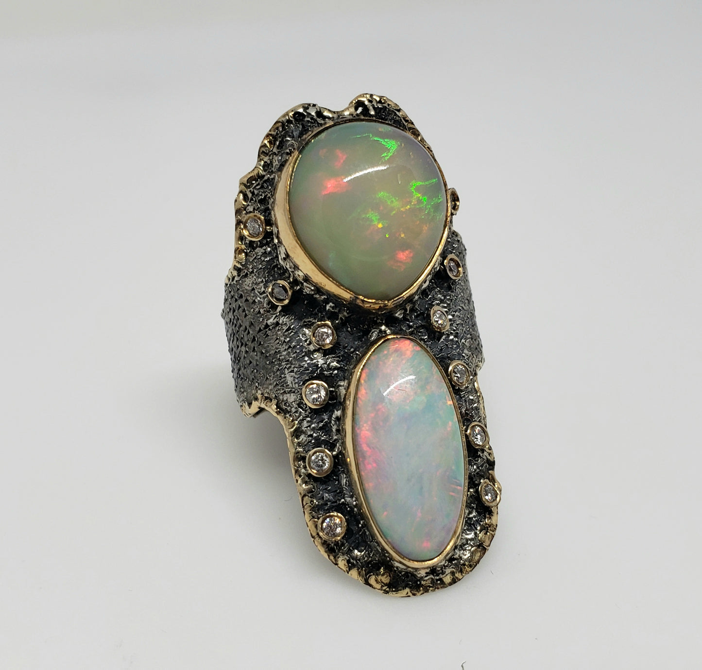 Opal & Diamond Ring Silver & 14k Gold