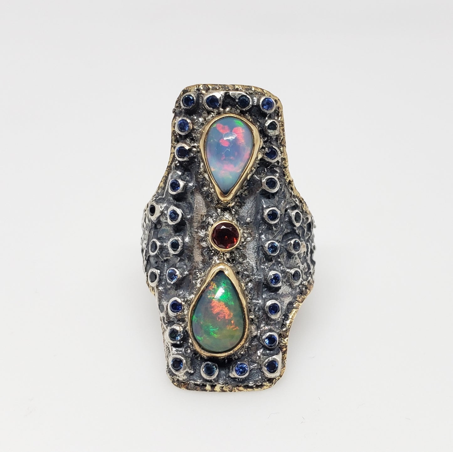 Opal & Sapphire Ring Silver & 14k Gold