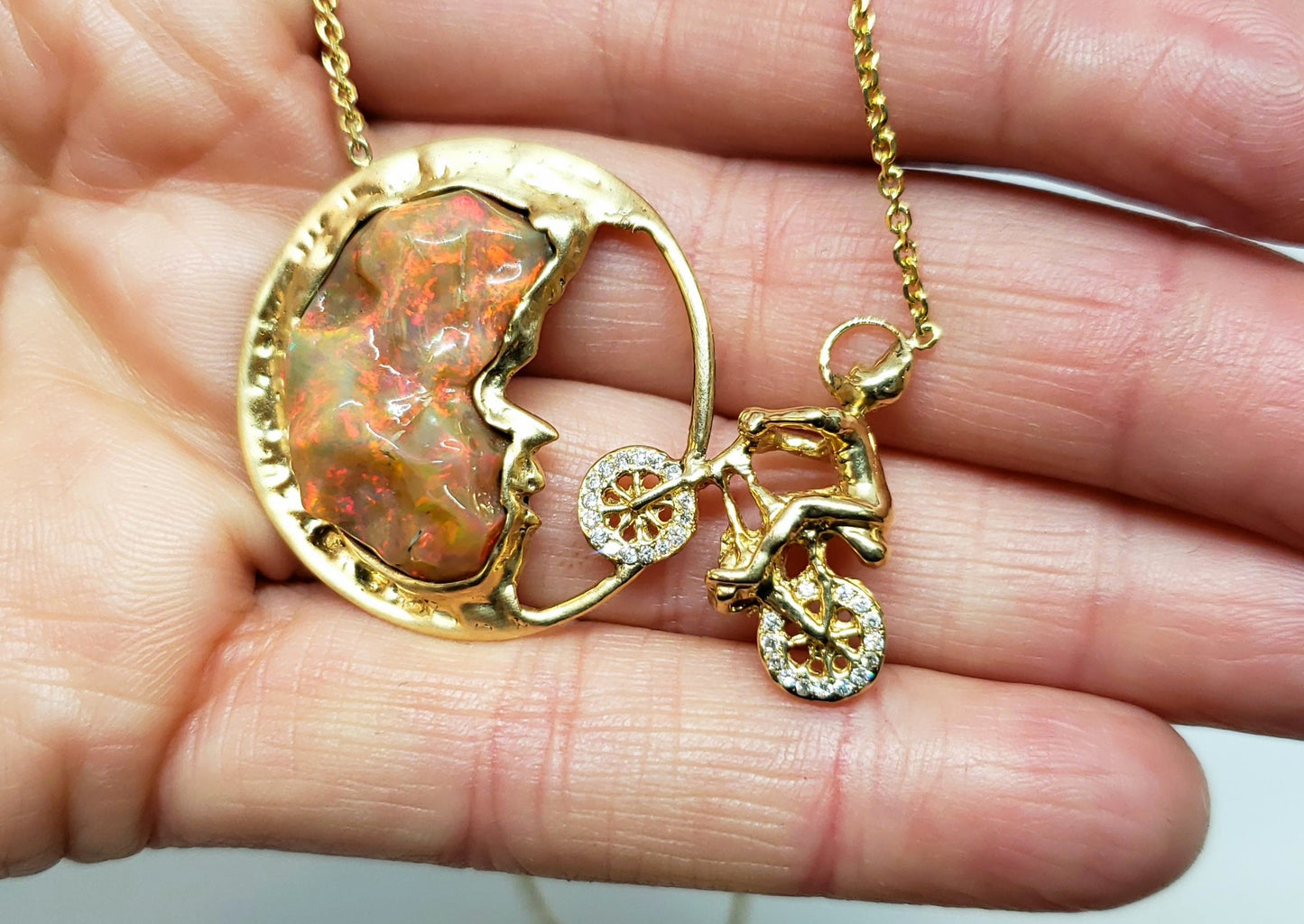 Moon Biker 14k Gold Carved Opal Pendant