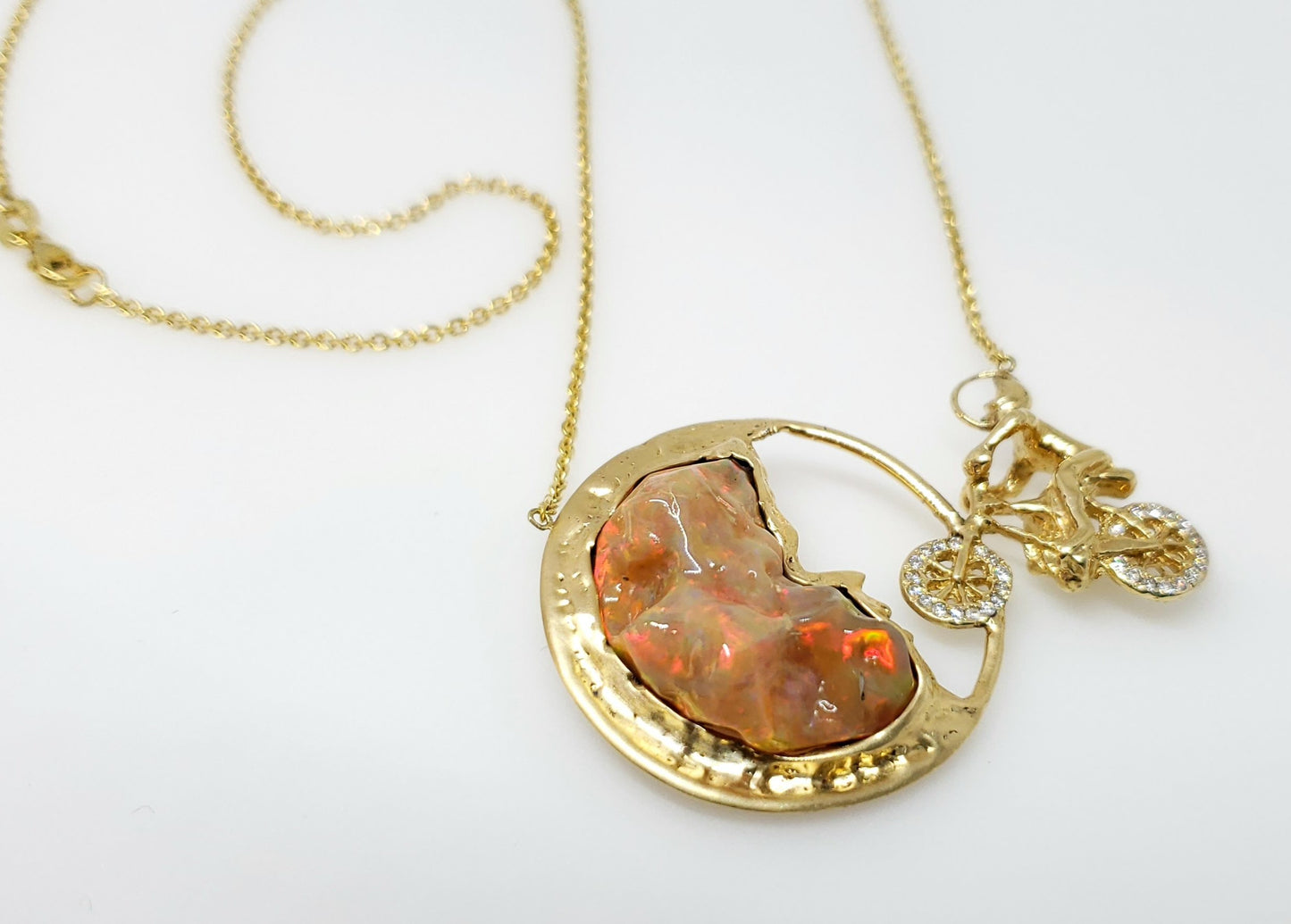 Moon Biker 14k Gold Carved Opal Pendant