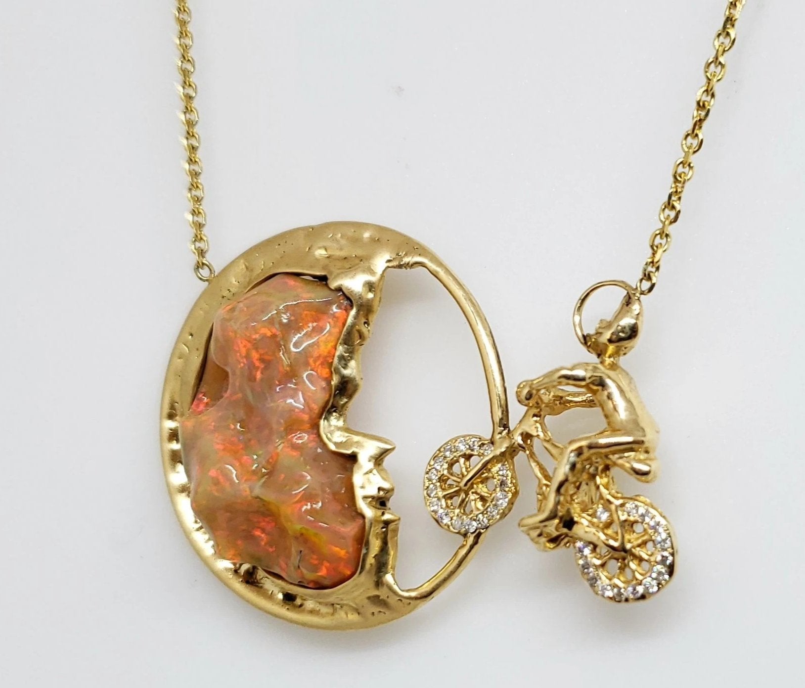 Moon Bicycle Opal Gold Pendant Necklace 