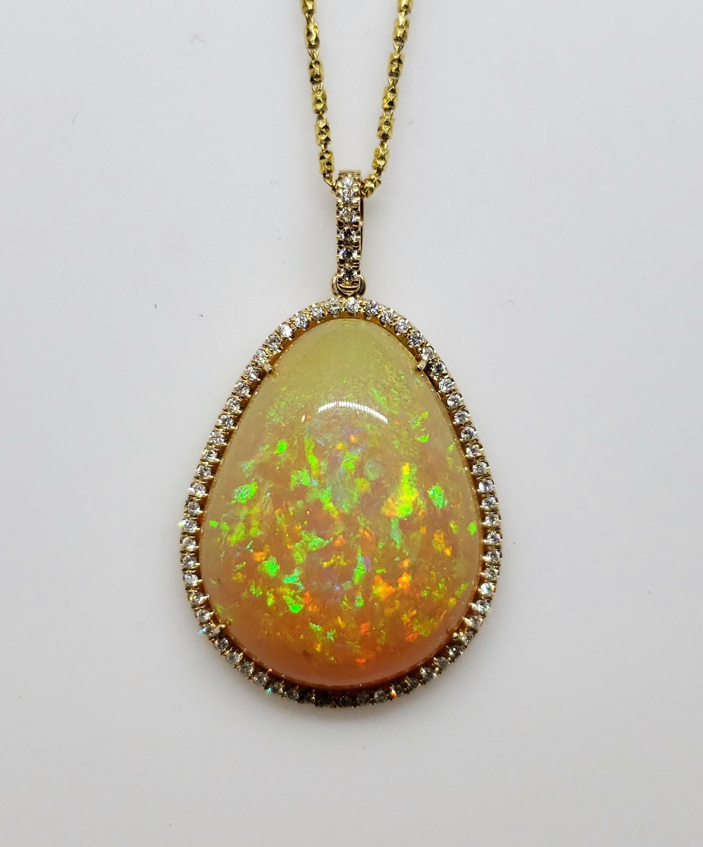 Large Natural Opal & Diamond Pendant 14k Gold