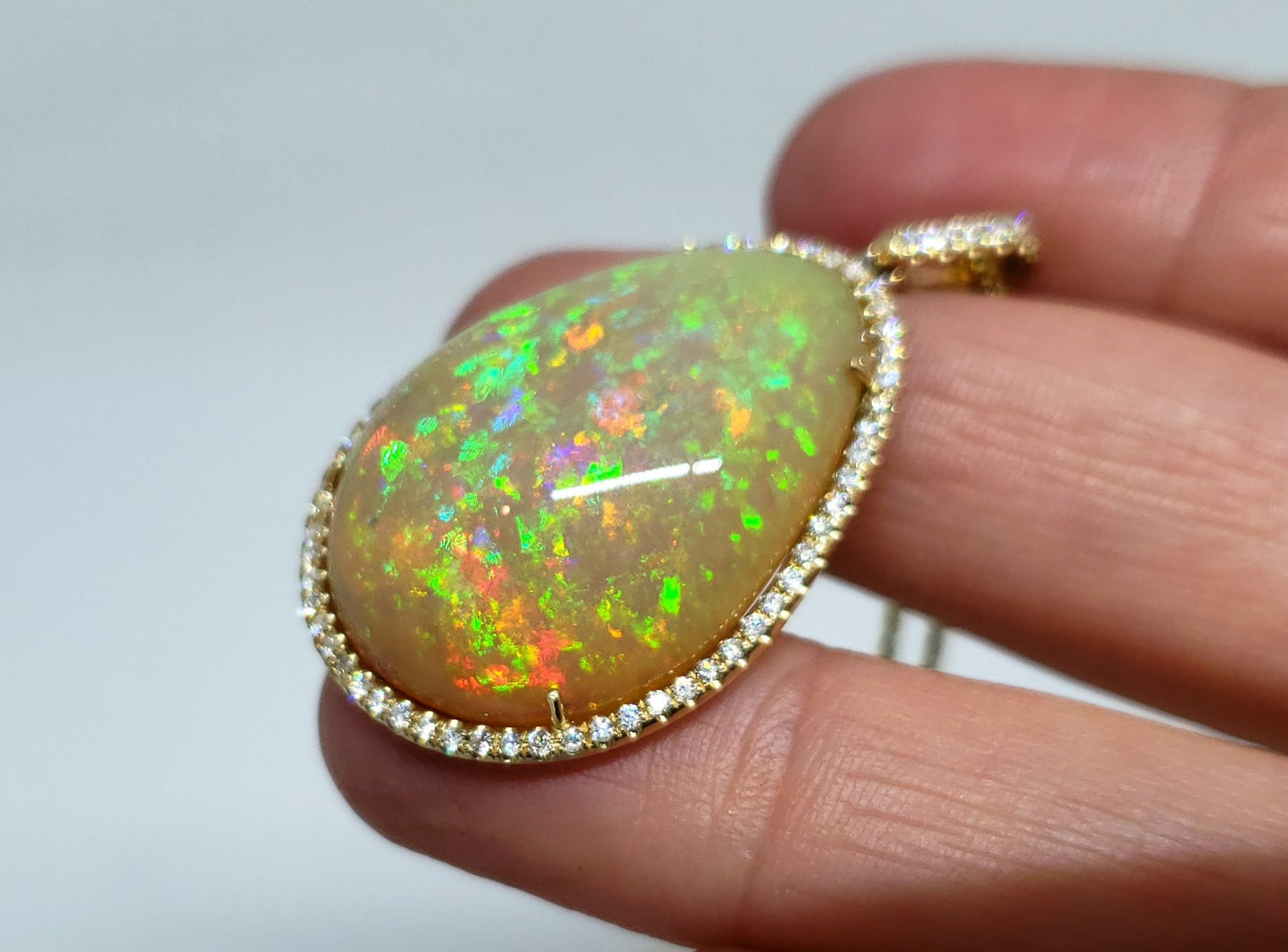 Large Natural Opal & Diamond Pendant 14k Gold