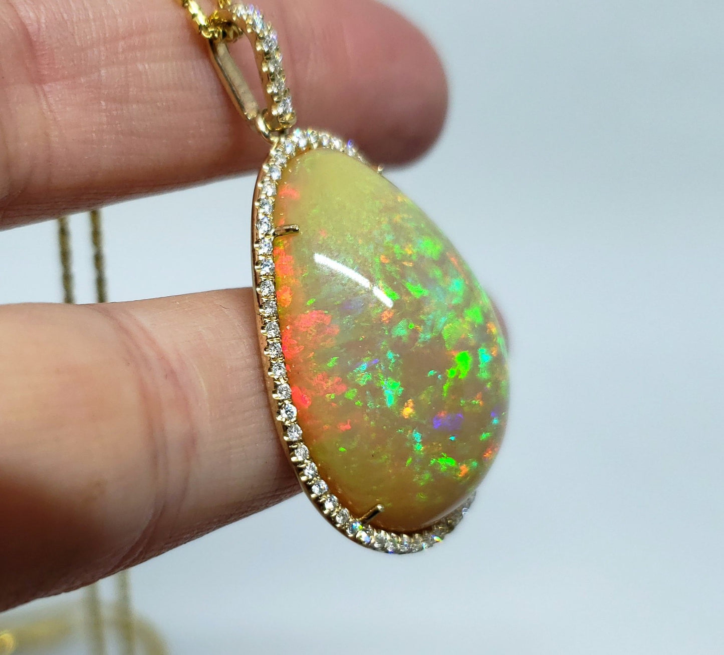 Large Natural Opal & Diamond Pendant 14k Gold