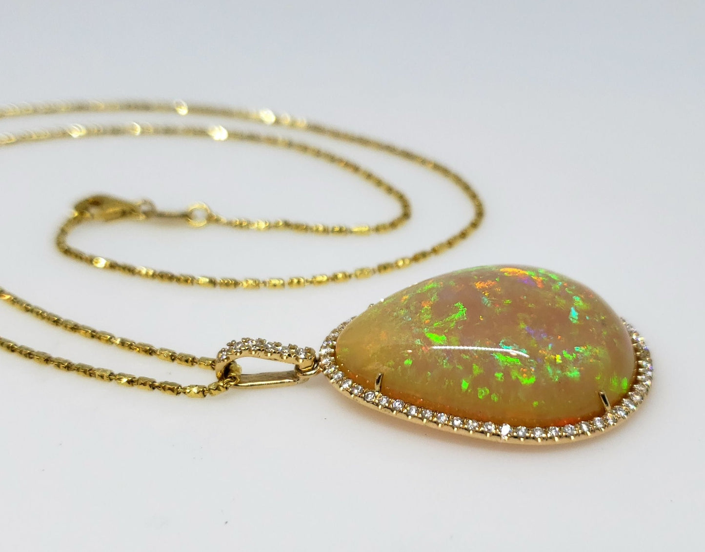 Large Natural Opal & Diamond Pendant 14k Gold