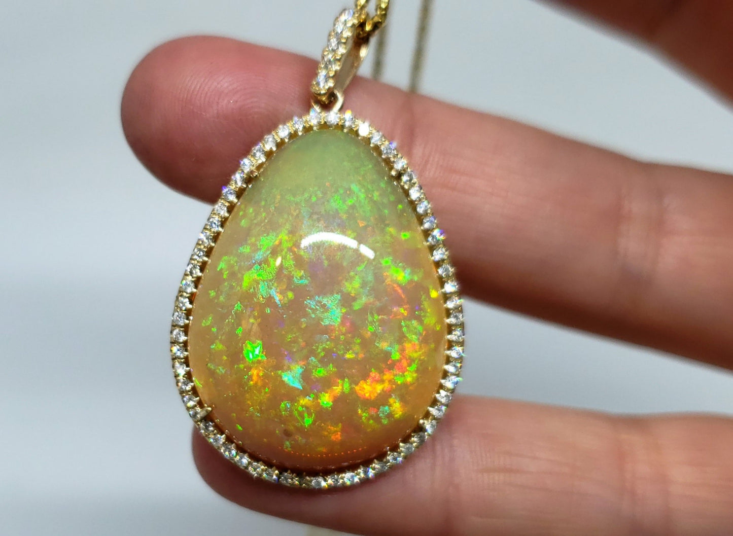 Large Natural Opal & Diamond Pendant 14k Gold