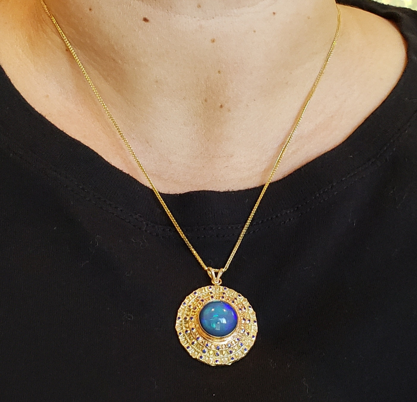 Blue Opal & Sapphire Pendant 14k Gold