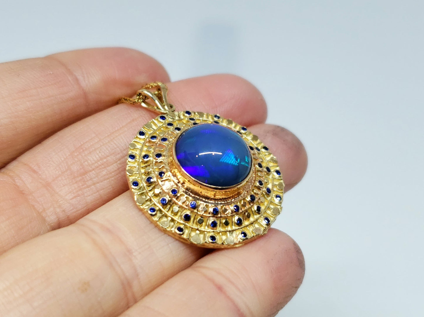 Blue Opal & Sapphire Pendant 14k Gold