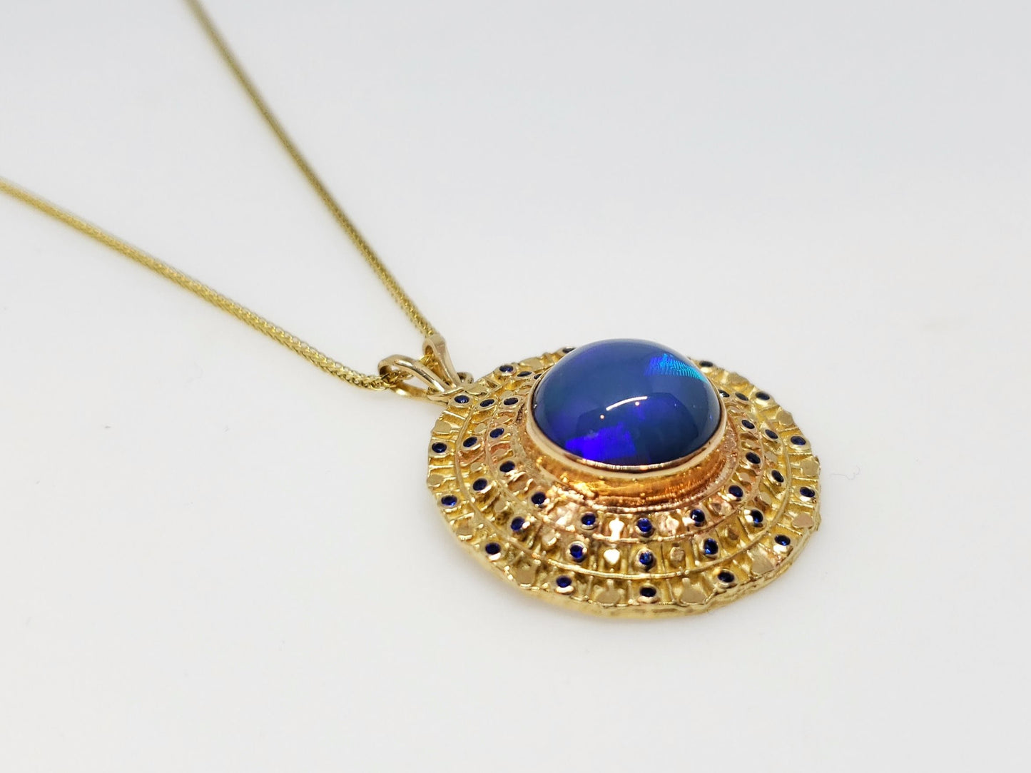 Blue Opal & Sapphire Pendant 14k Gold