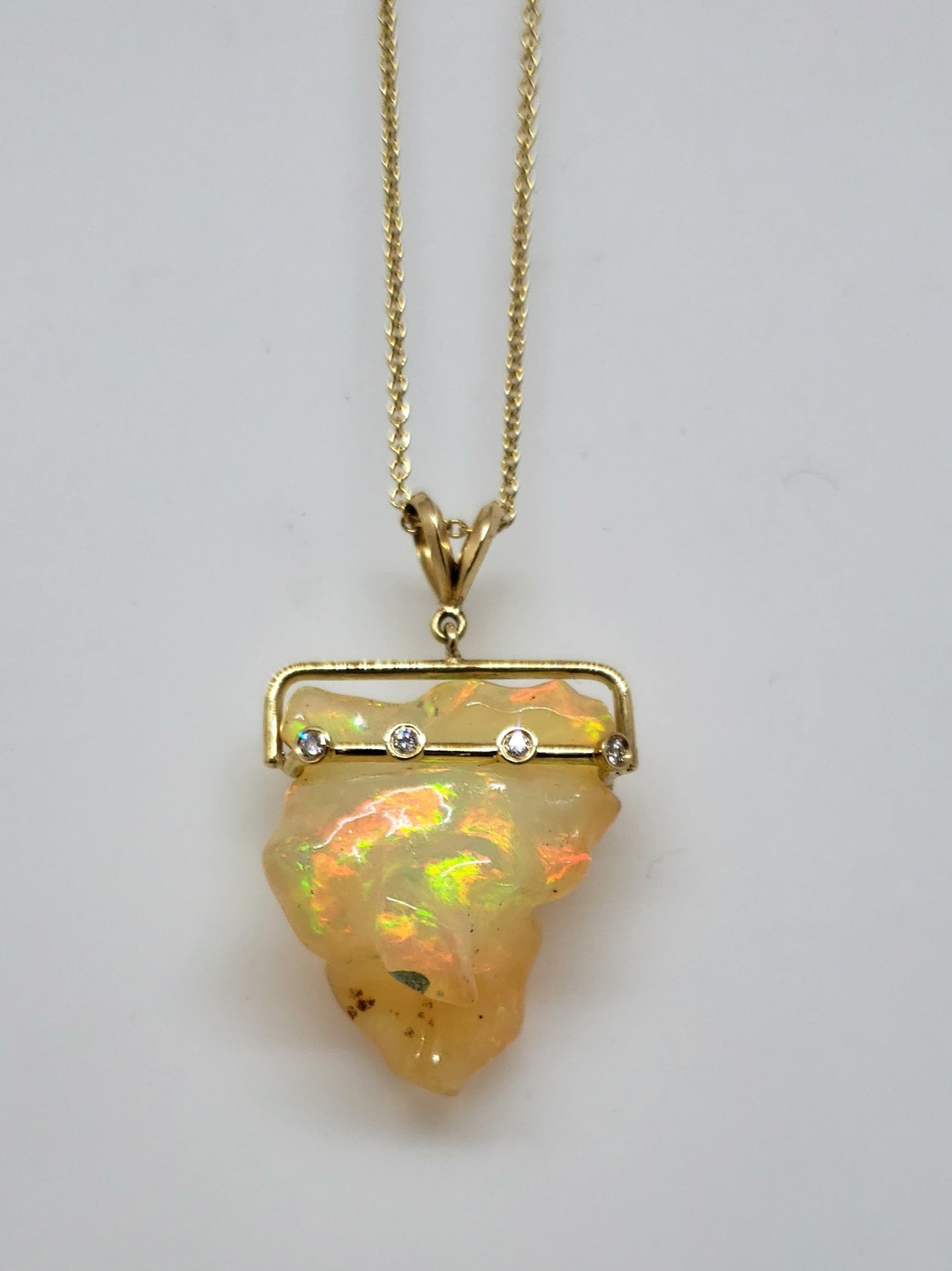 Carved Opal Diamond Gold Pendant