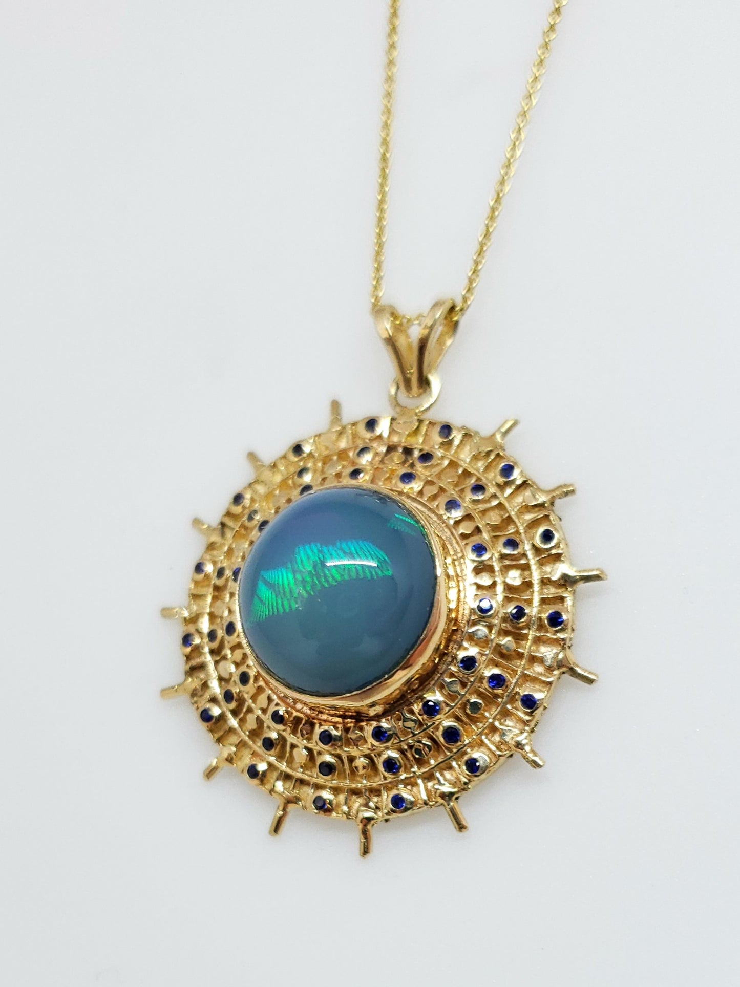 Blue Opal & Sapphire Pendant 14k Gold #106