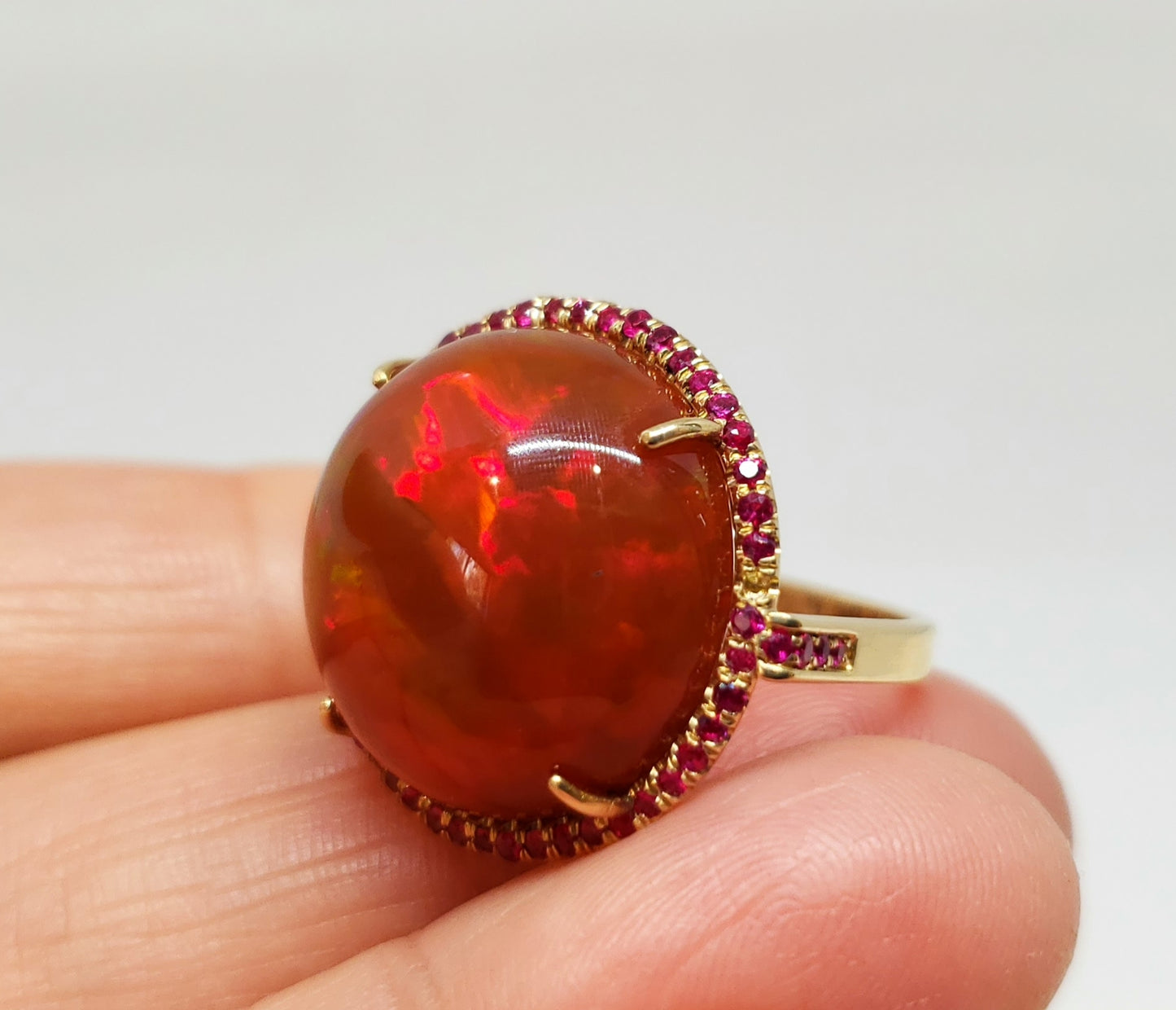 Huge Brown Red Opal & Ruby Ring 14k Gold #110