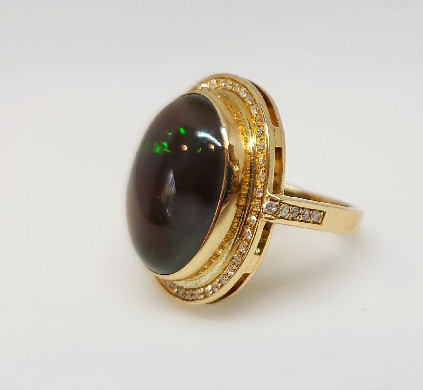 Natural Black Opal & Diamond Ring 14k Gold #111