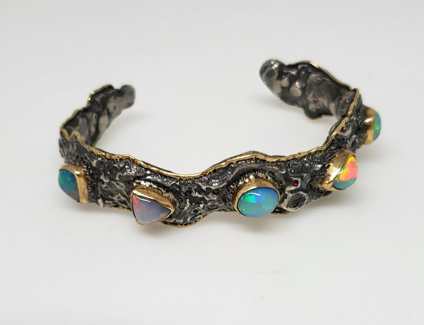 Silver & Gold Opal Gemstone Cuff Bracelet #123