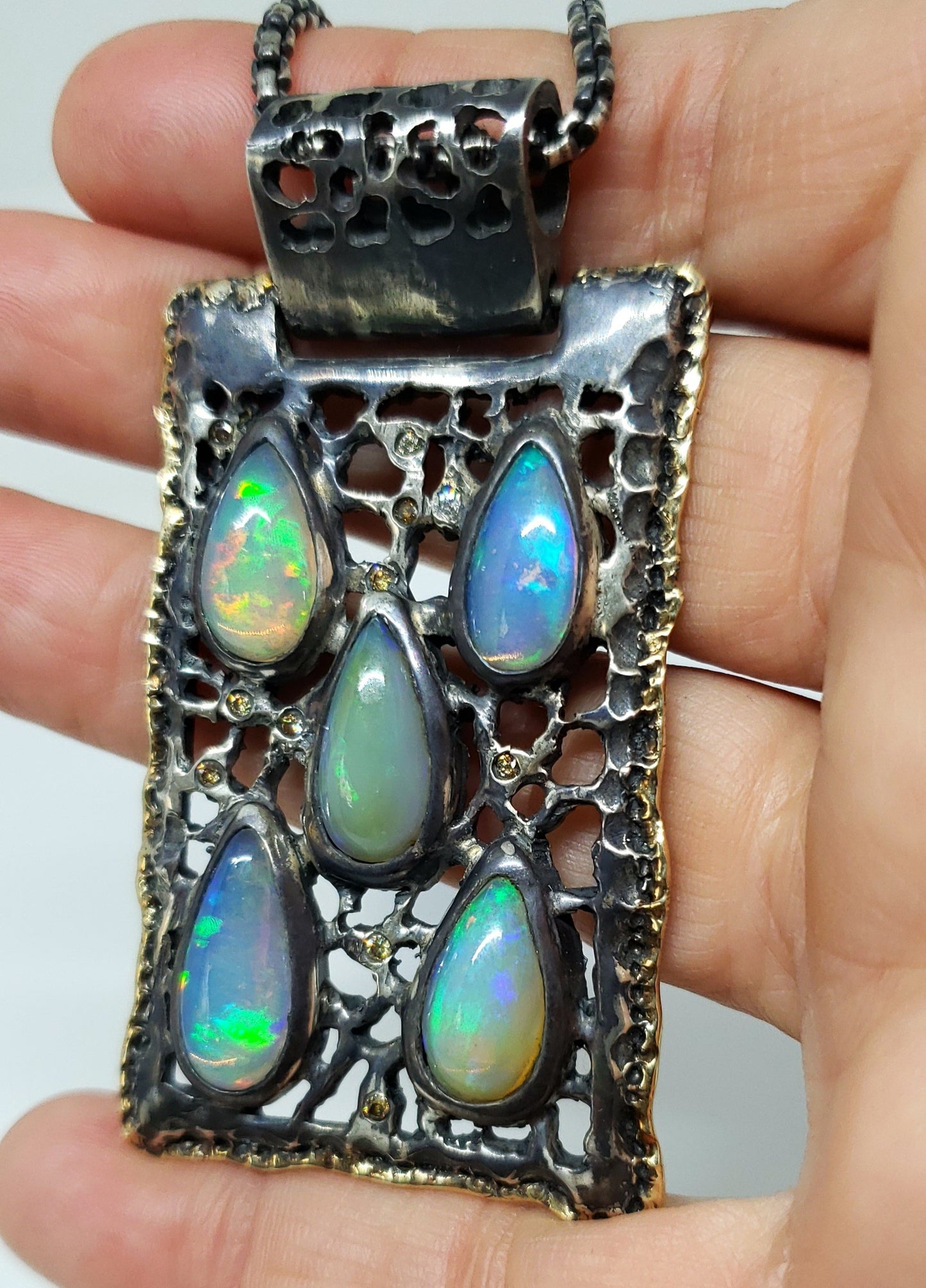 Opal Silver & Gold Pendant Necklace #130