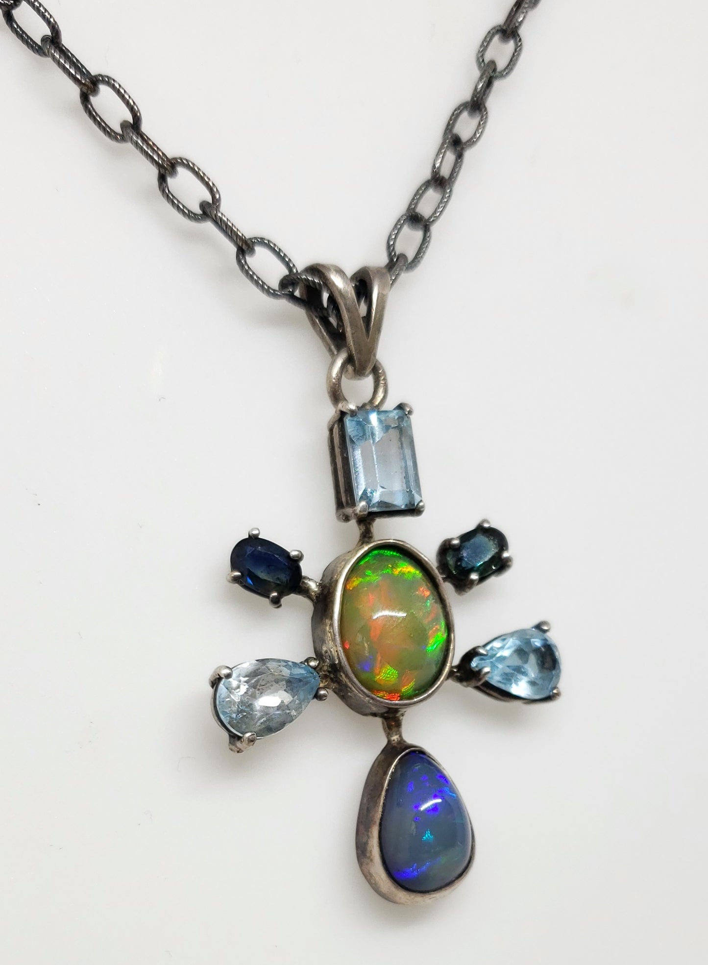 Opal & Aquamarine Silver Pendant Necklace #131
