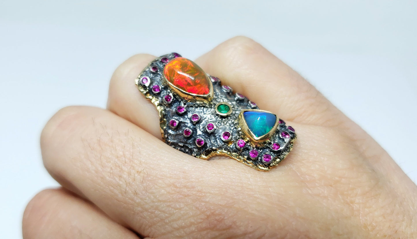 Opal & Ruby Ring Silver & 14k Gold #132