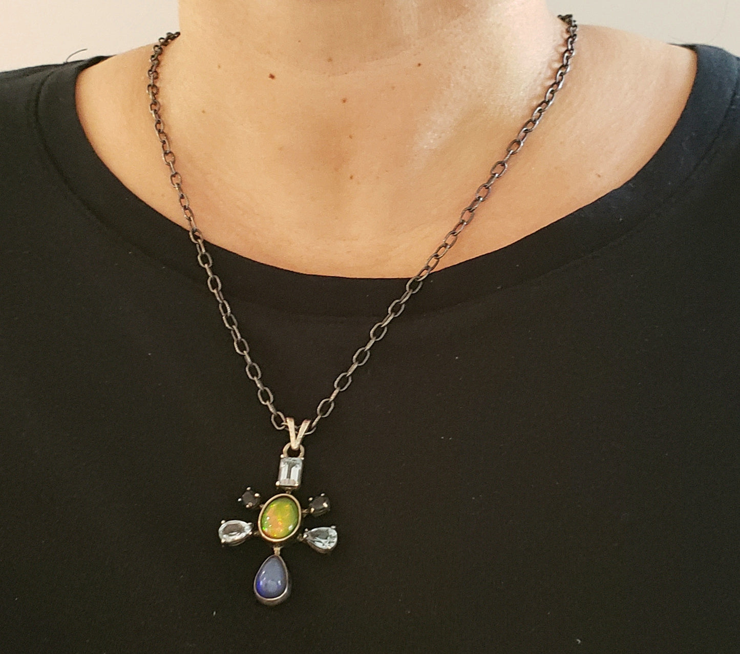 Opal & Aquamarine Silver Pendant Necklace #131
