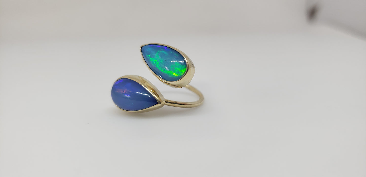 Blue Two Opal Adjustable Ring 14 Karat Gold #151