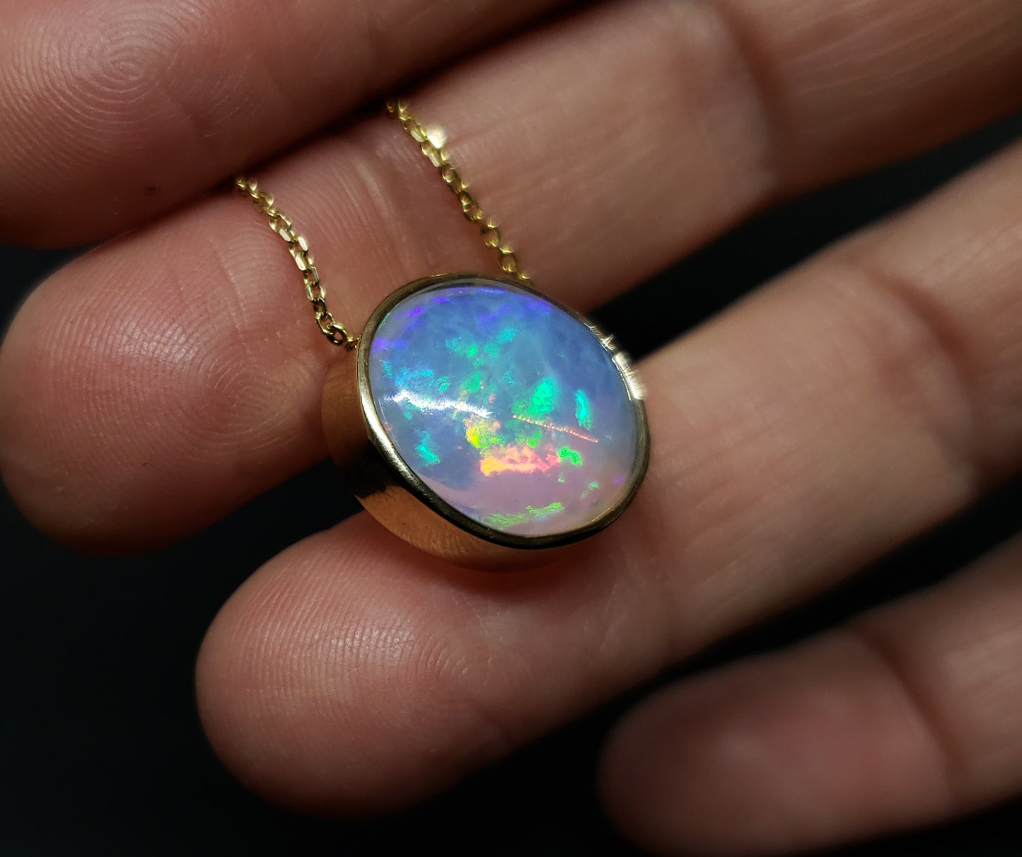 Natural muti-color Opal Pendant 14k Yellow Gold Chain Necklace #146