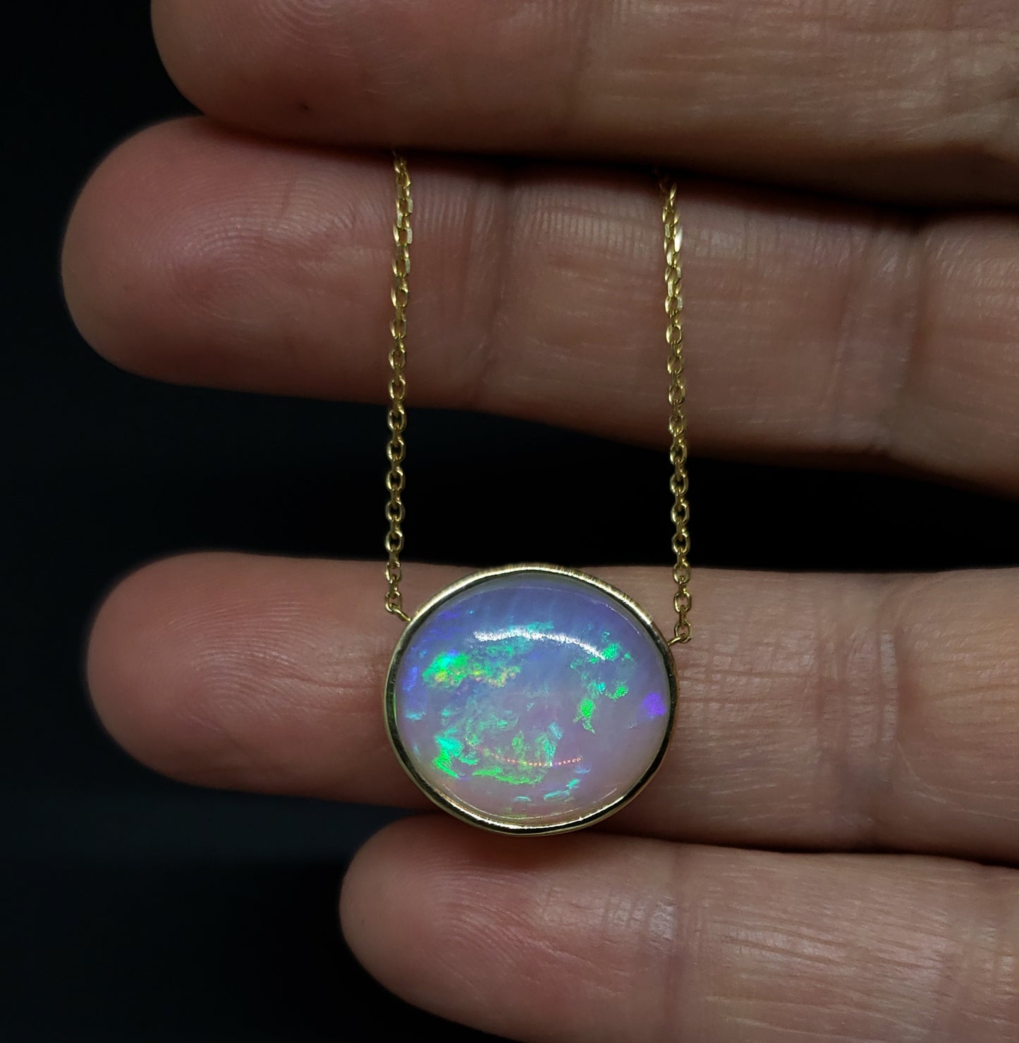 Natural muti-color Opal Pendant 14k Yellow Gold Chain Necklace #146