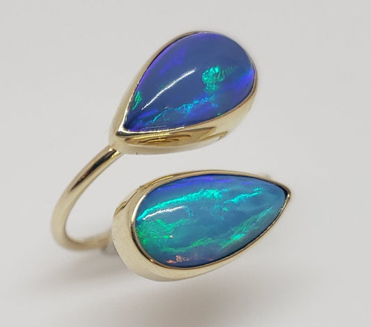 Blue Two Opal Adjustable Ring 14 Karat Gold #151