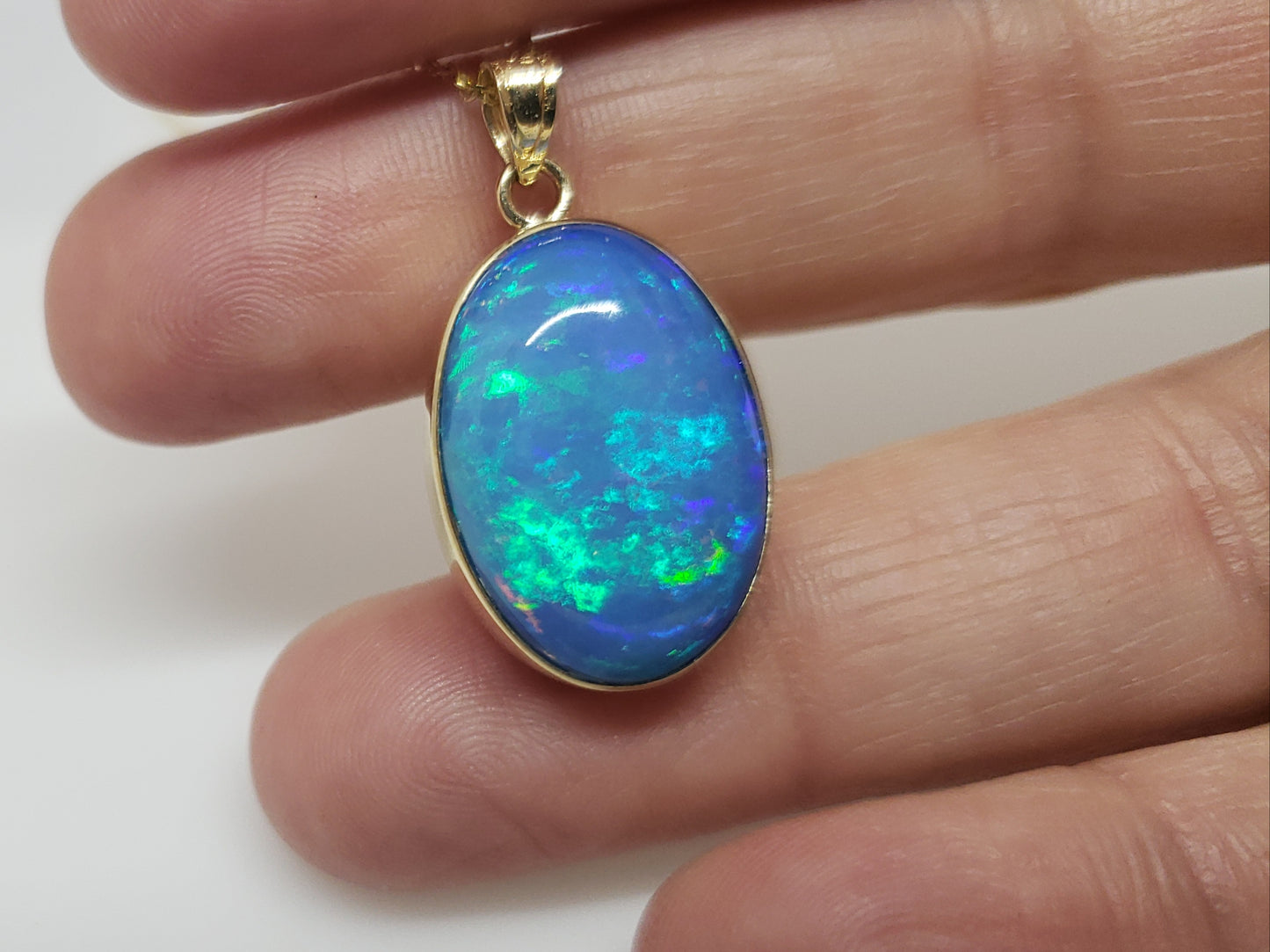 Blue Opal Pendant 14k Yellow Gold Chain Necklace #150