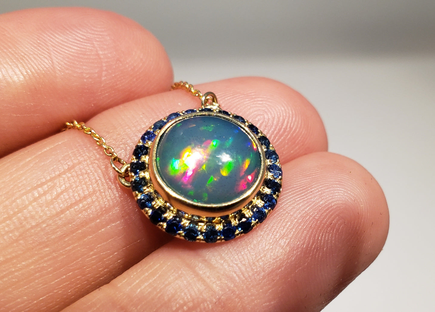 Blue Opal & Sapphire Pendant 14k Gold Necklace #165