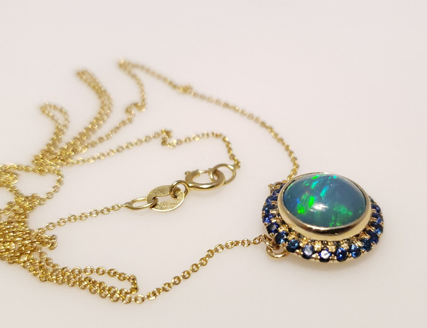 Blue Opal & Sapphire Pendant 14k Gold Necklace #165