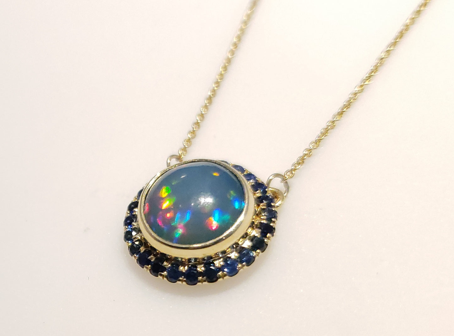 Blue Opal & Sapphire Pendant 14k Gold Necklace #165