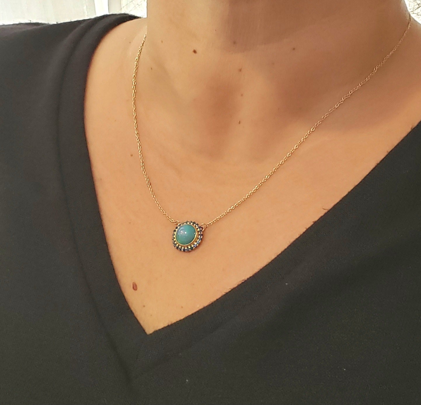 Blue Opal & Sapphire Pendant 14k Gold Necklace #162
