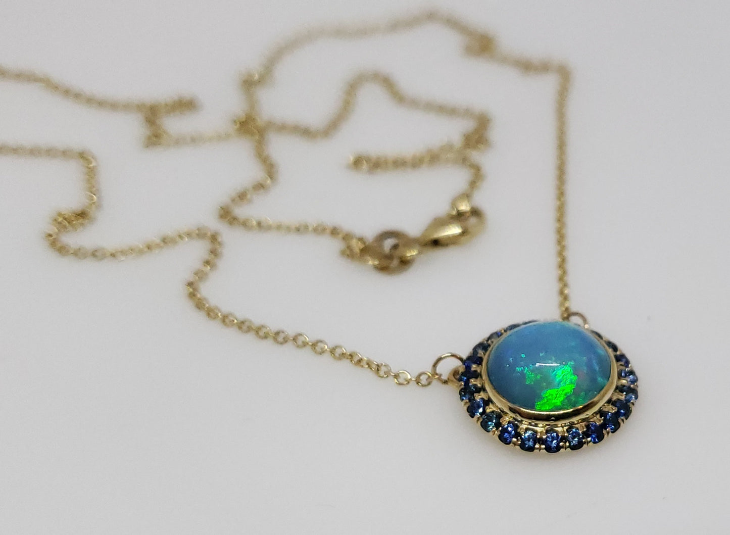 Blue Opal & Sapphire Pendant 14k Gold Necklace #162