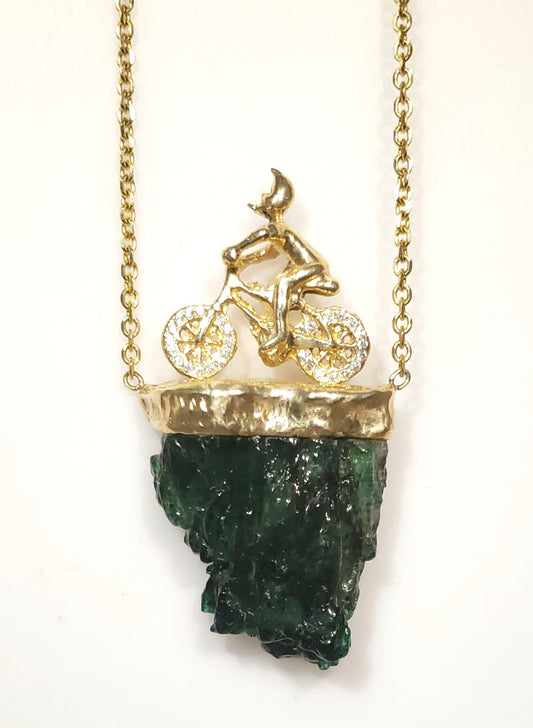 Carved Emerald & Diamond Bicycle Pendant - 14k Gold #167