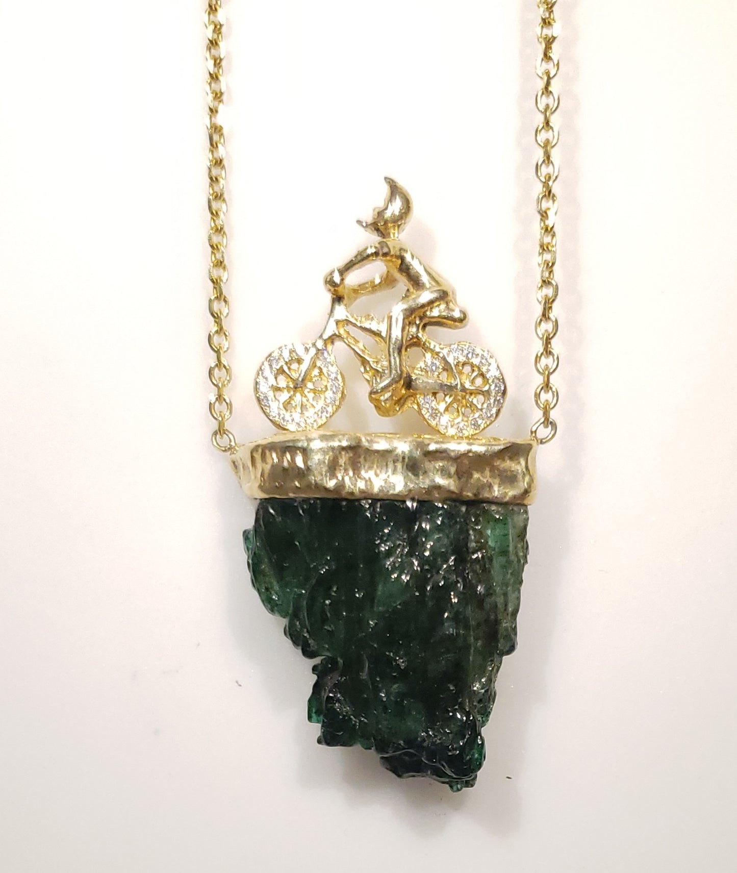 Carved Emerald & Diamond Bicycle Pendant - 14k Gold #167