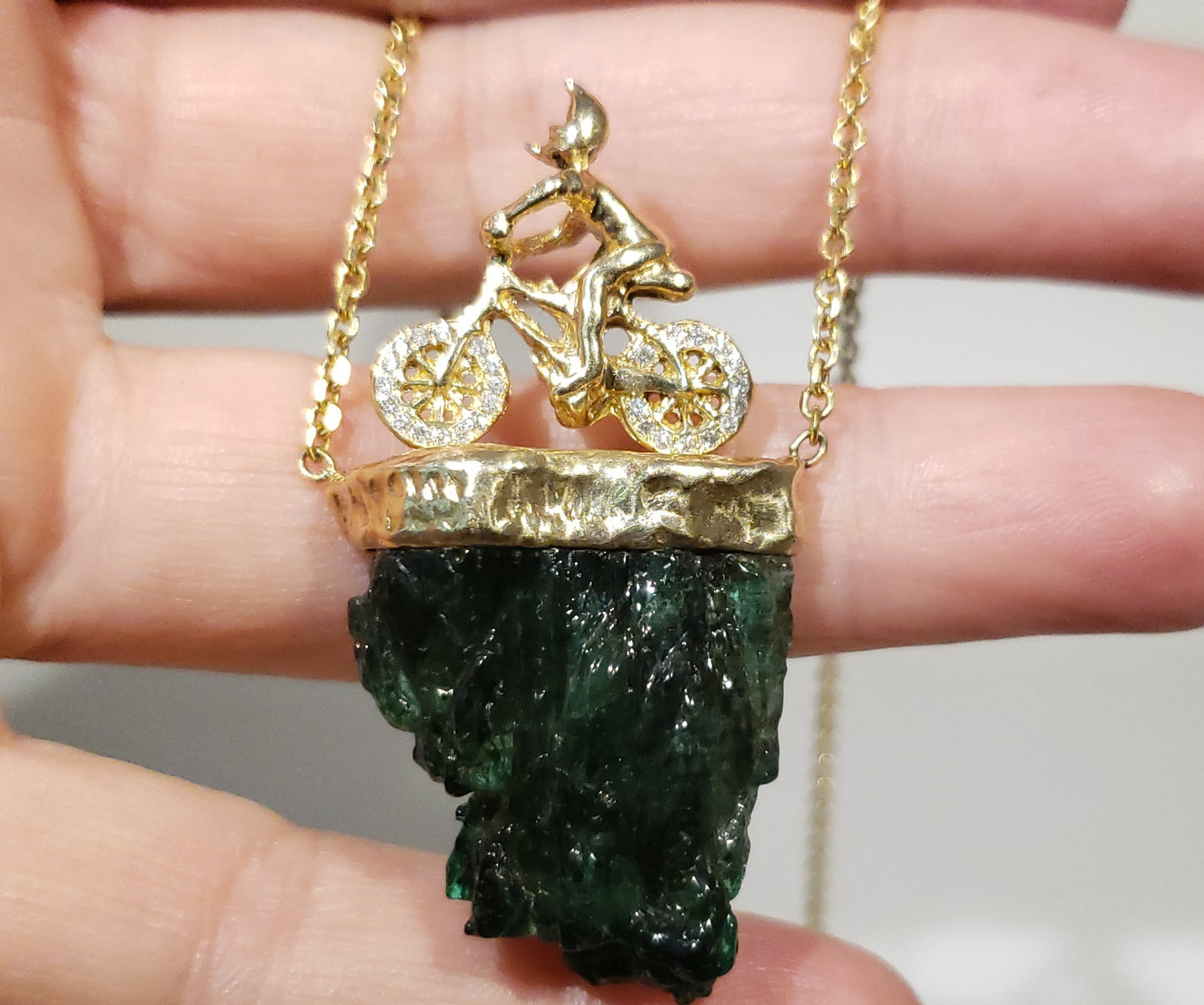Carved Emerald & Diamond Bicycle Pendant - 14k Gold #167