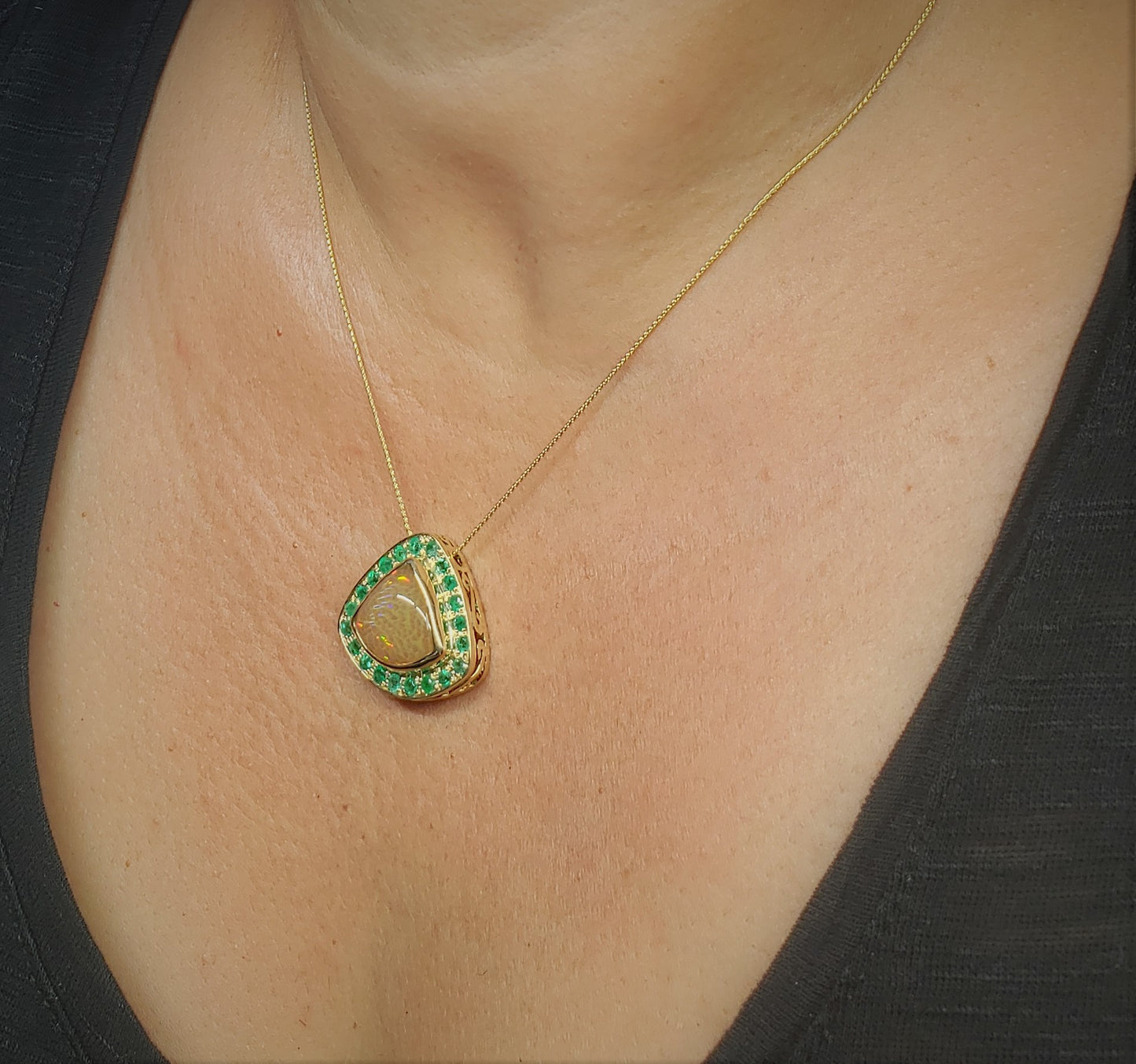 Opal & Emerald Pendant 14k Gold Necklace #224