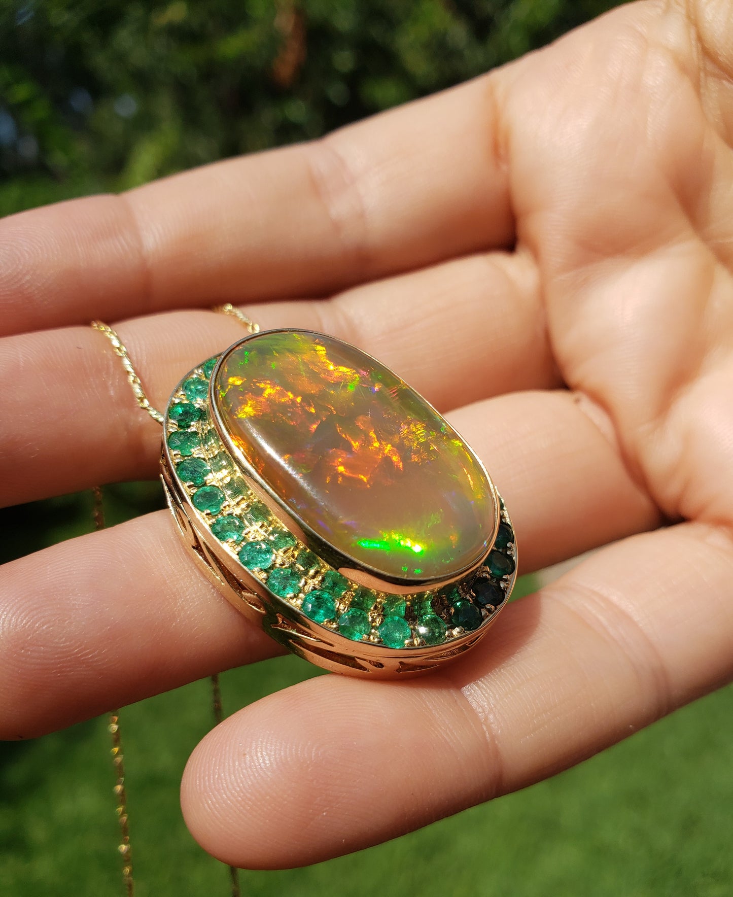 Opal & Emerald Pendant 14k Gold Necklace #223