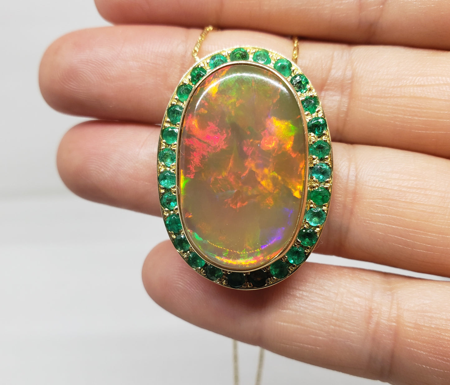 Opal & Emerald Pendant 14k Gold Necklace #223