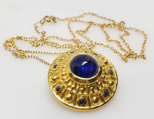 Blue Sapphire Medallion Pendant- 24k Gold Plated - Gemstone Necklace #282